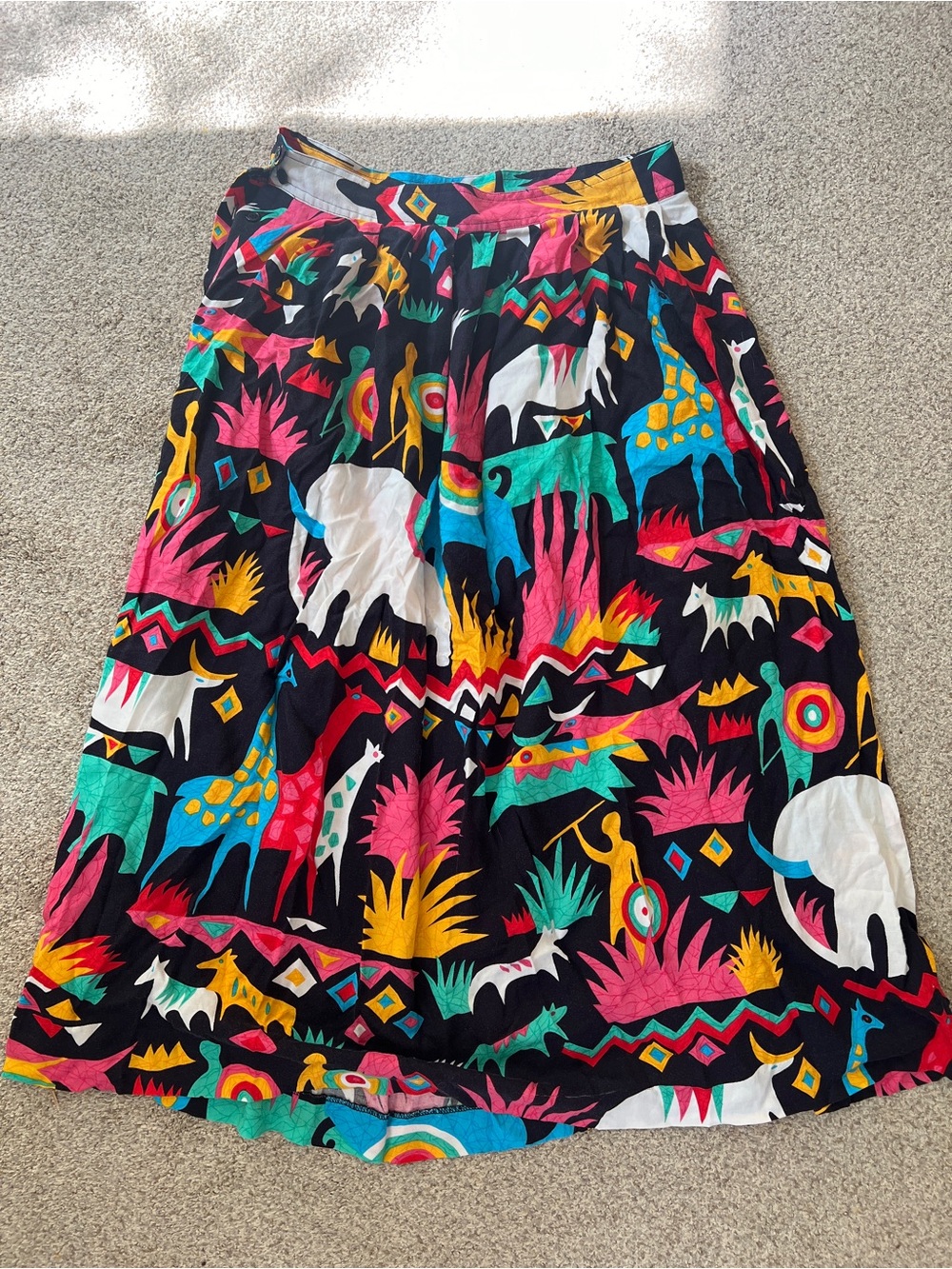 Vintage Segue Vibrant Multicolor Animal Tribal Printed Midi Skirt